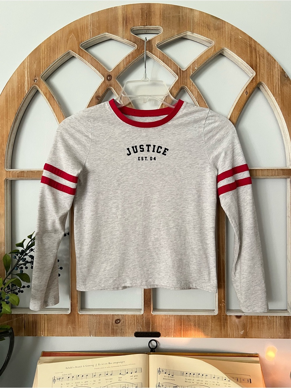 5/$20 SALE ❤️ Justice Girls' Long Sleeve Heather Gray Tee with Red Trim